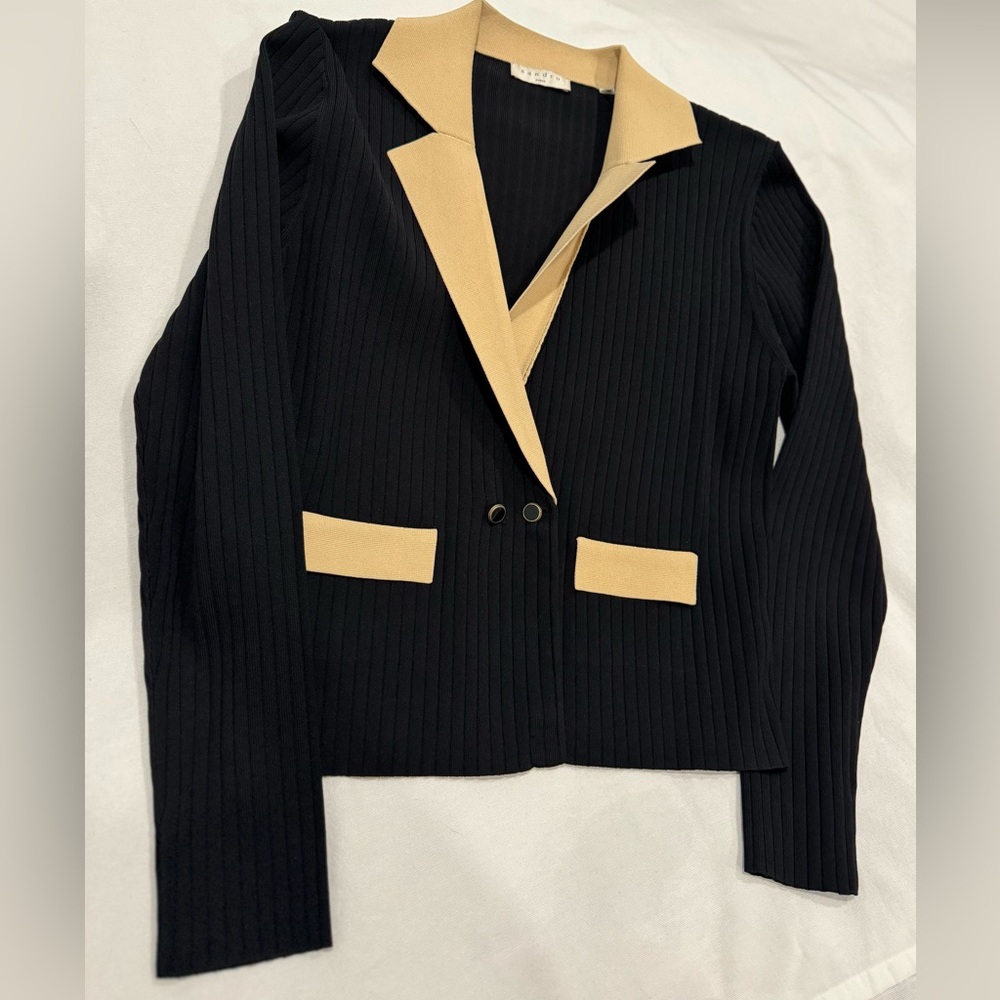 Sandro Barney Contrast Trimmed Black Cardigan Crop Size L